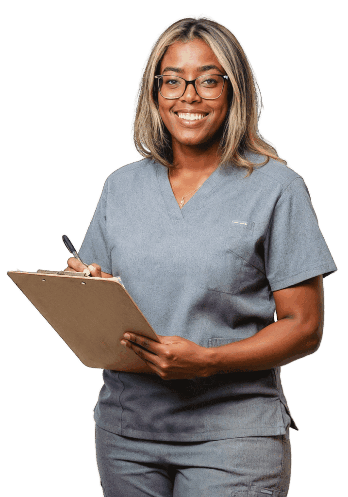 Professional nurse in scrubs holding clipboard at Attelia London healthcare facility.