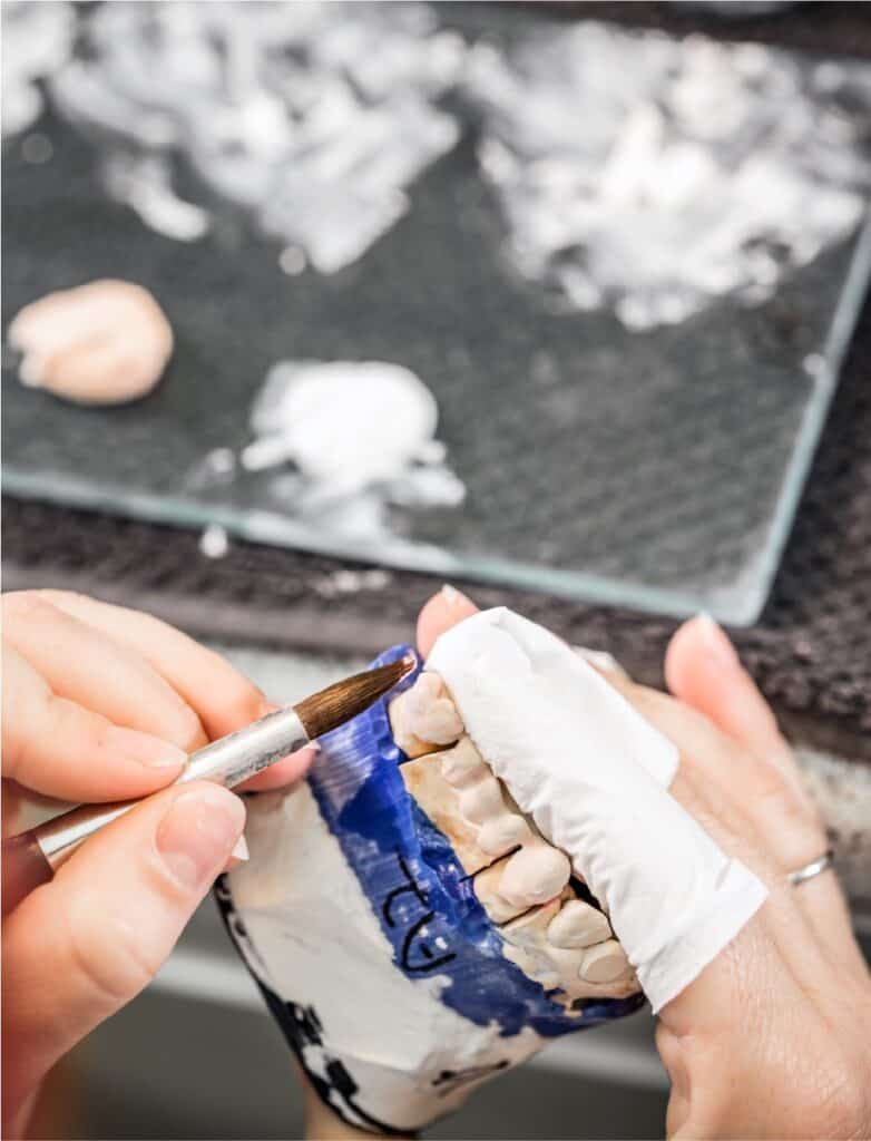 Porcelain dental model being painted with a small brush for dental restoration.